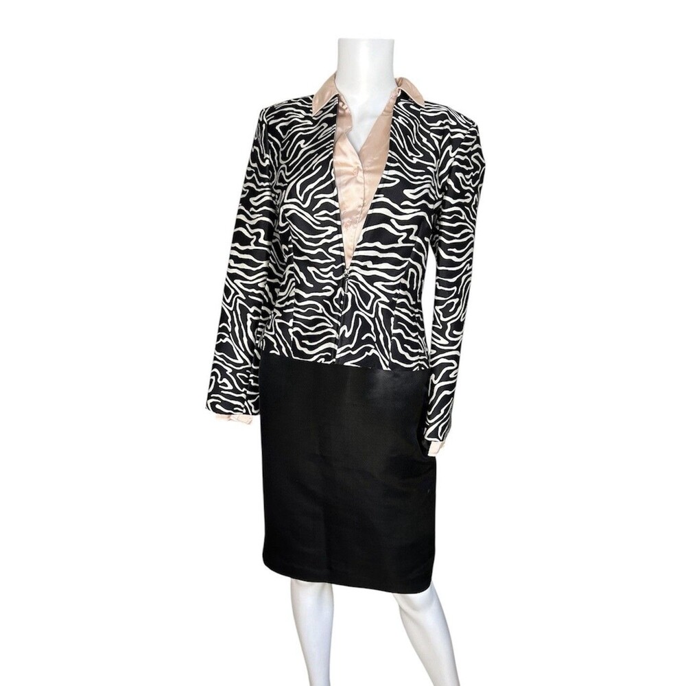Talbots Women’s Silk Wool Blazer Black Animal Print Zip Front Chic Modern Size 4
